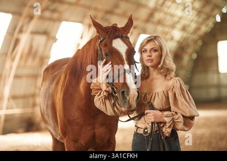 Den Kopf des Tieres umarmen. Die schöne junge Frau ist mit einem Pferd drinnen. Stockfoto