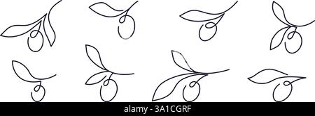 Olivenzweig. Vektordurchgehende Linie eingestellt. Minimale Skizze für Konstruktionsmenü, Ölsymbol. Abstrakte griechische Sammlung isoliert auf transparentem Hintergrund. Ed Stock Vektor