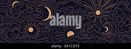 Sonne, Mond, Wolken im Hintergrund. Chinesisches Linienmuster. Böhmischer minimalistischer Sonnenaufgang. Abstrakte ästhetische Texturgrafik. Vektor-goldene Esoterik Stock Vektor