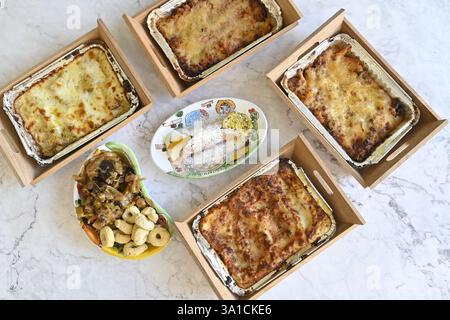 Vier Kisten Lasagne stehen auf einem Tisch. Die Boxen haben alle verschiedene Größen und sind mit verschiedenen Arten von Lebensmitteln gefüllt. Der Tisch ist aus Marmor und der Stockfoto