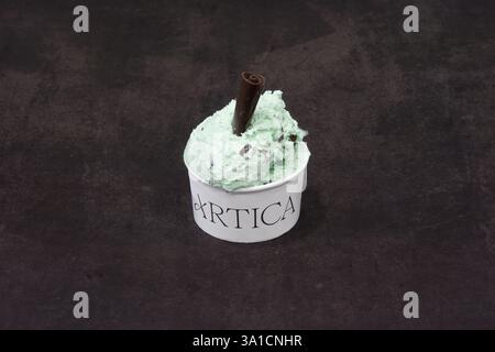 Eine Schaufel Minzschokolade-Eis in einem weißen Papierbecher mit dem Wort „Artica“ drauf Stockfoto