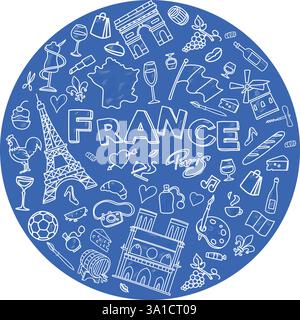 Round France Doodles Elemente, Clip Art, Kollektion Set Symbol. Vektorabbildung Stock Vektor