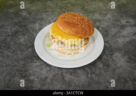 Ein Hamburger mit Käse auf einem weißen Teller. Die Platte befindet sich auf einer grauen Oberfläche. Der Hamburger ist der Hauptfokus des Bildes Stockfoto