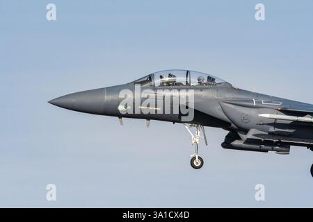 Cockpit-Nahaufnahme eines USAF McDonnell Douglas F-15 Eagle, der bei RAF Lakenheath in Suffolk ankommt Stockfoto