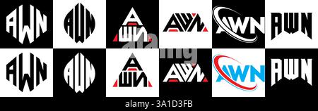 Logodesign mit AWN Letter im 6er-Stil. AWN Polygon, Kreis, Dreieck, Sechseck, flacher und einfacher Stil mit schwarz-weißem Schriftzug Stock Vektor