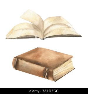 Buch mit braunem Cover und geöffnetem Buch Aquarellillustration. Handgezeichnete Einzelbücher zum Lernen und Lesen Clipart für Poster, zurück zur Schulkarte Stockfoto