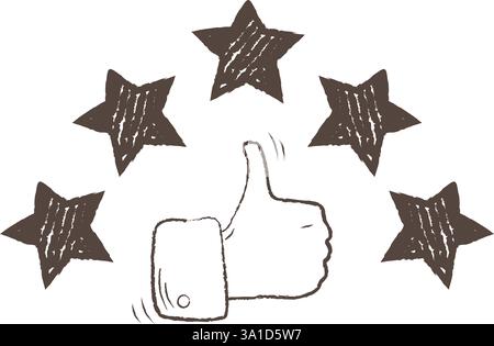 Fünf Sterne Feedback-Symbol Hand Daumen nach oben Gesten Vektor Illustration. Qualitätskonzept zur Bewertung von Schwarzweiß-Skizzensymbolen Stock Vektor