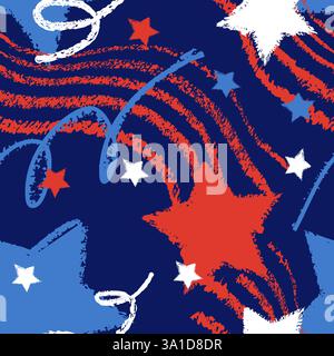 Abstraktes, handgezeichnetes nahtloses Muster mit Sternen und Streifen. Vektor Kreide Buntstift USA Flagge Feiertag marineblauer Hintergrund. Modischer Textildruck, Stock Vektor