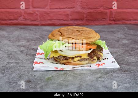 Ein Hamburger mit Salat, Tomate und Zwiebeln auf einer roten Serviette. Der Burger steht auf einem Tisch mit einer Backsteinmauer im Hintergrund Stockfoto