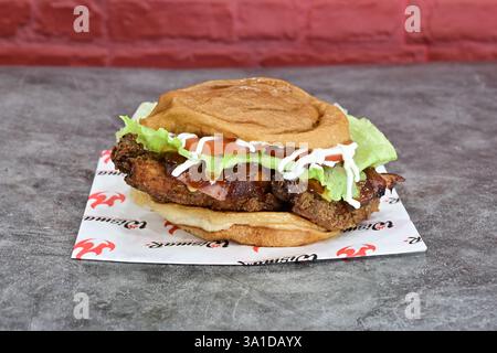 Ein Sandwich mit Speck und Salat auf einem rot-weißen Papier. Das Sandwich steht auf einem Tisch Stockfoto