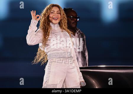 Buenos Aires, Argentinien. März 2025. Shakira tritt vor einer überfüllten Menschenmenge auf dem Campo Argentino de Polo in Buenos Aires, Argentinien auf und markiert ihre lang erwartete Rückkehr nach Argentinien nach sieben Jahren am 7. März 2025. Der kolumbianische Superstar eröffnete ihre „Las Mujeres Ya No Lloran Tour“ und begeisterte die Fans mit ihren unverkennbaren Moves, kraftvollen Vocals und einer Setlist voller legendärer Hits. (Credit: UNAR AGENCY/SIPA USA) Credit: SIPA USA/Alamy Live News Stockfoto