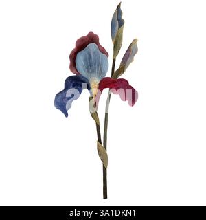 Ein zartes Aquarellbild einer blühenden Irisblume in sanftem Lila, Blau und Dunkelblau ohne Blätter, Aquarellblume in sanftem Lila und Stockfoto