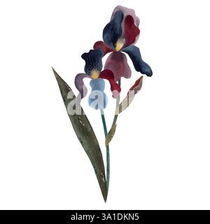 Ein zartes Aquarellgemälde aus sanften lila, blauen und rosa Iris und üppig grünen Blättern, Ein sanftes Aquarellset mit blühenden Irisblumen mit einem Stockfoto