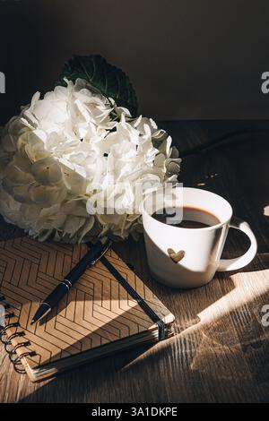 Заголовок Home Office Schreibtisch Arbeitsplatz mit leerem Papier-Klemmbrett, blauem Hortensie Blumenstrauß, Tasse Kaffee und Tastatur auf weißem hölzernem Hintergrund Stockfoto