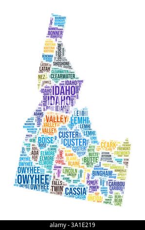 Wortwolke im County Idaho. State Shape Design. Idaho farbige Illustration. Collage-Wolke für County-Namen. Vektorabbildung. Stock Vektor