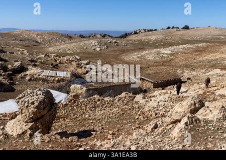 Die karge und nomadische Landschaft von Tisfoula in der Nähe von Ain Leuh ist durch erodierte dolosteinartige Felstürme charakterisiert, die wie Pilze geformt sind. Stockfoto