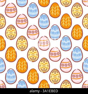 Ein nahtloses Muster von Ostereiern in charmantem Skizzenstil. Jedes Ei hat einzigartige handgezeichnete Designs mit einer Vielzahl von Farben und Mustern Stock Vektor