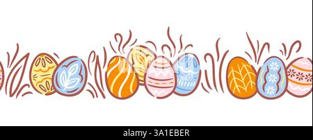 Ein nahtloser horizontaler Rand mit wunderschön dekorierten Ostereiern, eingebettet in üppiges Gras. Die lebhaften Farben und die komplizierten Muster der Eier Stock Vektor