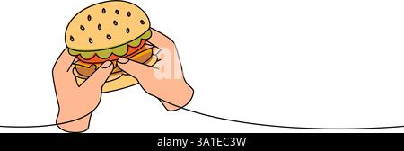 Zwei Hände halten einen Hamburger eine Linie farbige durchgehende Zeichnung. Traditionelles amerikanisches Fast Food. Stock Vektor