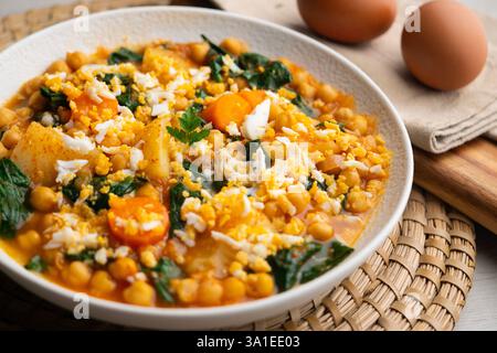 Köstlicher Eintopf aus Kartoffeln und Kichererbsen, gedünstet mit Spinat, Gemüse und gekochtem Ei. Traditionelles spanisches Rezept. Stockfoto