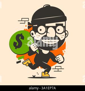 Glücklicher Stickmann umarmt eine grüne Tasche voller Geld. Cartoon-Dieb hat Geld von der Bank gestohlen. Vektorillustration der Cyberkriminalität. Isolierter handgezeichneter Stickman Backgr Stock Vektor