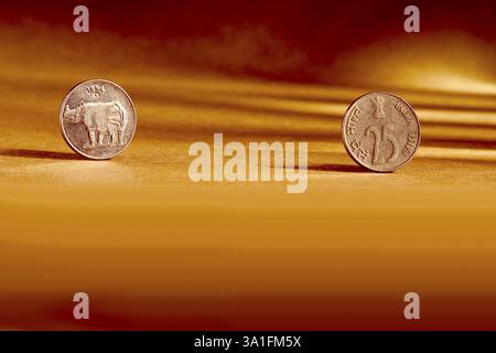Doppeltes Paar indische Währung 25 Paise Münze Vorder- und Rückseite geprägte Nashörner auf orangem Hintergrund Stockfoto