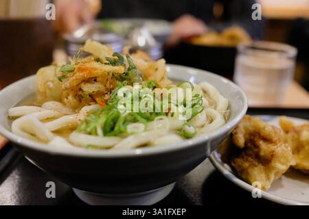 Eine Schüssel Gemüsetempura-Udon-Nudelsuppe und karaage-Hühnchen in einem kleinen Shokudo (Restaurant) in Shinjuku - Tokio, Japan Stockfoto
