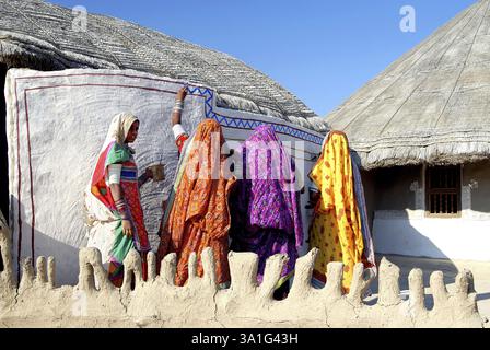 Das lokale Rabaris-Gemälde im SHAAM-E-Sarahad, Banni, Kutch, Gujarat, Indien, Asien Stockfoto