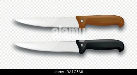 Realistic Vector 3D Küchenmesser Set, isoliert. Küchenchef, Universalmesser, scharfe Edelstahlklingen mit Holzgriff und schwarzem Griff. Kochwerkzeuge Stock Vektor