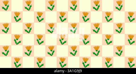 Nahtloses Muster mit blühenden orangen Wiesen- oder Ringelblumen und grünen Blättern auf einem karierten gelben Hintergrund, ideal für Stoff, Tapete oder Verpackung, Kritzelstil Vektorillustration Stock Vektor
