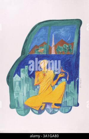 Traum eines asketischen Menschen Auto und Stadtleben, Aquarell auf handgemachtem Papier Stockfoto