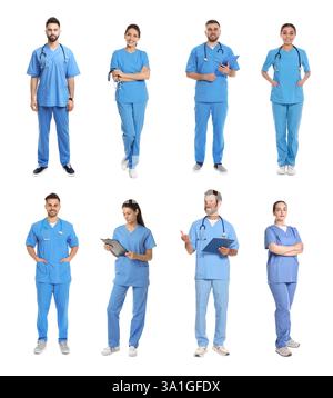 Medizinische Krankenschwestern in Uniformen auf weißem Hintergrund, Set Stockfoto