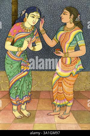 10 Fragen, Kunkuma, Frauen, Namaste, hinduistischer glaube, hindu, hinduismus, Kunst, Künstler Manivelu, Kunst der himalaya-Akademie, Gast, Freund, Tilaka, Bindi, Welco Stockfoto