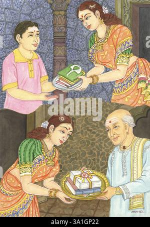 10 Fragen, Geschenk, Frau, Kind, Mann, karma, hinduistischer glaube, hindu, hinduismus, Kunst, Künstler Manivelu, Kunst der himalaya-Akademie, Karma, Geschenke, Frau, Alter Mann Stockfoto