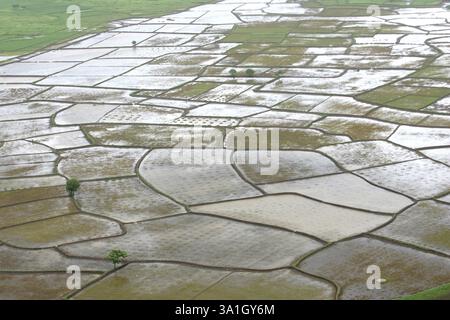 Eine Luftaufnahme von Ackerland, das von einer Wasserflut umgeben ist, schaukelte am 26. Juli 2005 in Raigad, Maharashtra, Indien Stockfoto