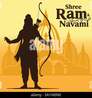 Silhouette von Lord Rama mit Pfeil mit Hindi-Text, was Shree RAM Navami Feiertag Hintergrund für religiöse Feiertage in Indien bedeutet Stock Vektor