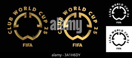 Die Logos der FIFA Club-Weltmeisterschaft 2025 in Gold, flach und Schwarz-weiß in 3D repräsentieren den renommierten weltweiten Fußballwettbewerb 2025 Stock Vektor