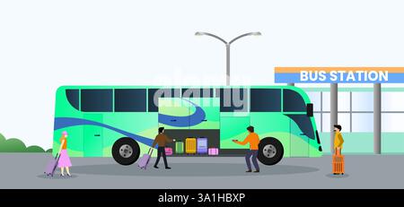 Busangestellte, die das Gepäck der Passagiere am Busbahnhof laden, Busfahrer warten auf den Einstieg in den Bus für eine Urlaubsreise Stock Vektor