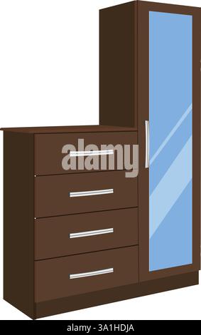 Holzschrank mit Schubladen und Ordnern. Eine braune Kommode mit vier Schubladen und einem Spiegel oben. Die Kommode ist aus Holz und hat einen blauen Spiegel Stock Vektor