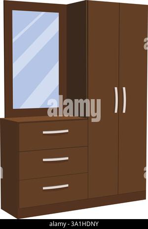 Ein brauner Schrank mit einem Spiegel darüber. Der Schrank verfügt über drei Schubladen und einen Spiegel auf einem Holzschrank aus top.browner Holz, der auf weißem Hintergrund isoliert ist. Stock Vektor