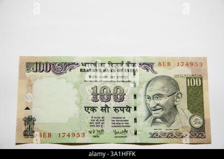 Indische 100 Rupie Banknote der indischen Regierung Reserve Bank zeigen Vorderseite Stockfoto