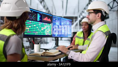 Vielfältiges Team von Ingenieuren, die ein automatisiertes Fertigungssystem in einer modernen Fabrik entwickeln. Stockfoto