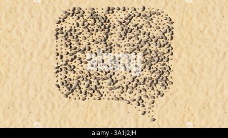 Konzept konzeptuelle Steine am Strand Sand handgemachte Symbolform, goldener sandiger Hintergrund, Wolkenschild. 3D Illustration Metapher für Kommunikation, online Stockfoto