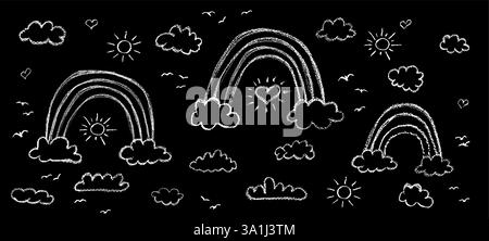 Set aus abstrakten Bleistiftwolken und Regenbogen. Handgezeichneter Cartoon bewölkter Himmel und Sonne. Vektor-Illustration Sammlung von weißen Herzen und Vögel Silhouette Stock Vektor