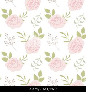 Nahtloses Blumenmuster mit rosa Rosen und grünen Blättern. Stock Vektor