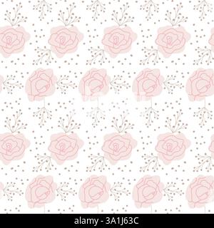 Nahtloses rosafarbenes Blumenmuster mit zarten Rosen- und Blattmotiven. Stock Vektor