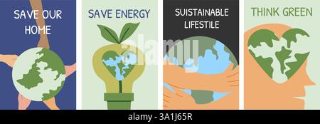 Nachhaltiges Leben: Sparen Sie Energie und denken Sie grün für einen besseren Planeten. Set von Öko-Postern – flaches Design. Stock Vektor
