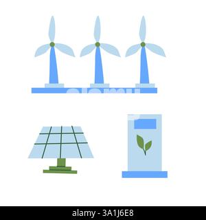 Symbole für erneuerbare Energien mit Windturbinen, Solarmodul und umweltfreundlicher Batterie. Stock Vektor