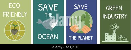 Umweltfreundliche Initiativen: Schützen Sie den Ozean, schützen Sie den Planeten, unterstützen Sie die grüne Industrie. Set von Öko-Postern – flaches Design. Stock Vektor