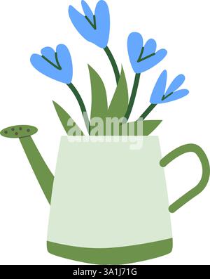 Wasserkanne mit Blumenmotiv: Leuchtend blaue Blumen in minimalistischem Design. Stock Vektor